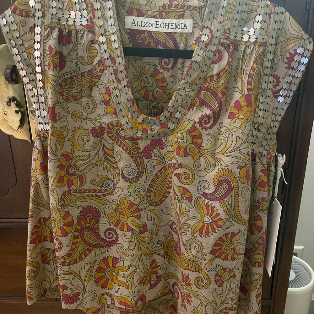 Alix Of Bohemia Tan and Red Embellished Blouse